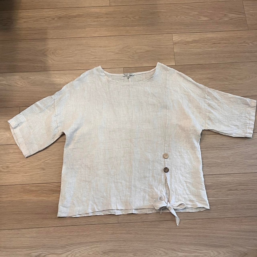 Italian Linen Top Beige Tie Front Blouse Women M Old Money Quiet Luxury Summer